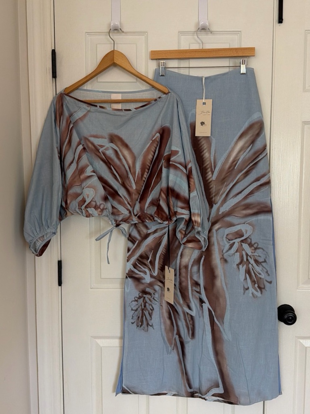 Two-Piece Light Blue Tropical Print Set